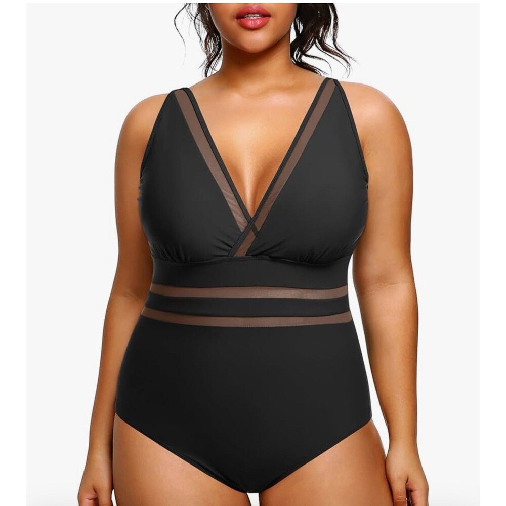 Daci Women Plus Size One Piece Swimsuit Sexy V Neck  plus size 26w black